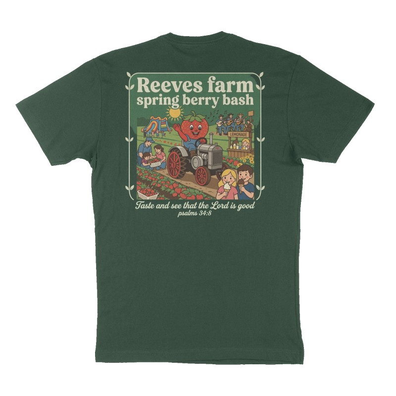 Custom t-shirt: "Reeves farm spring berry bash ", Back print, forest-green shirt