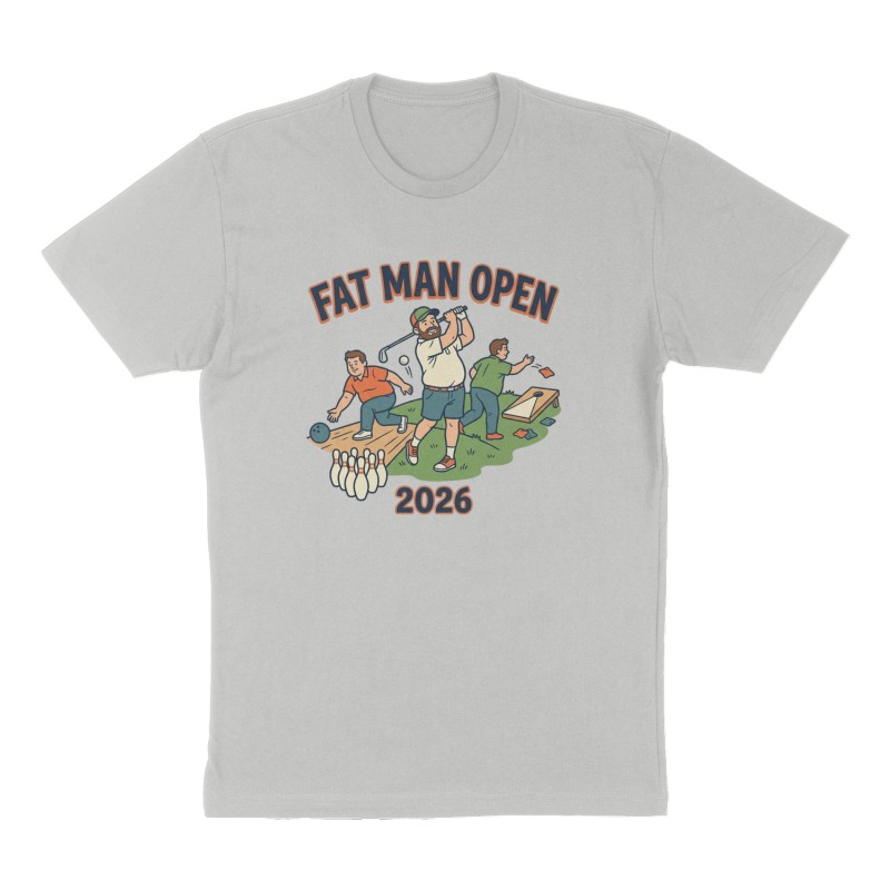 Custom t-shirt: "Fat Man Open ", Front print, heather-gray shirt