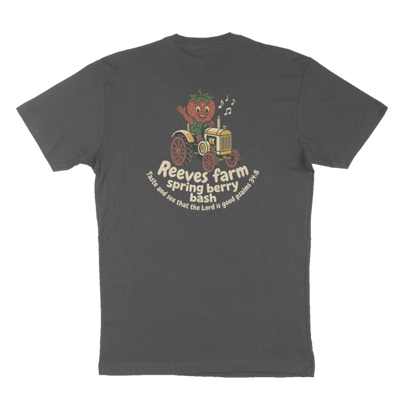 Custom t-shirt: "Reeves farm spring berry bash ", Back print, charcoal shirt