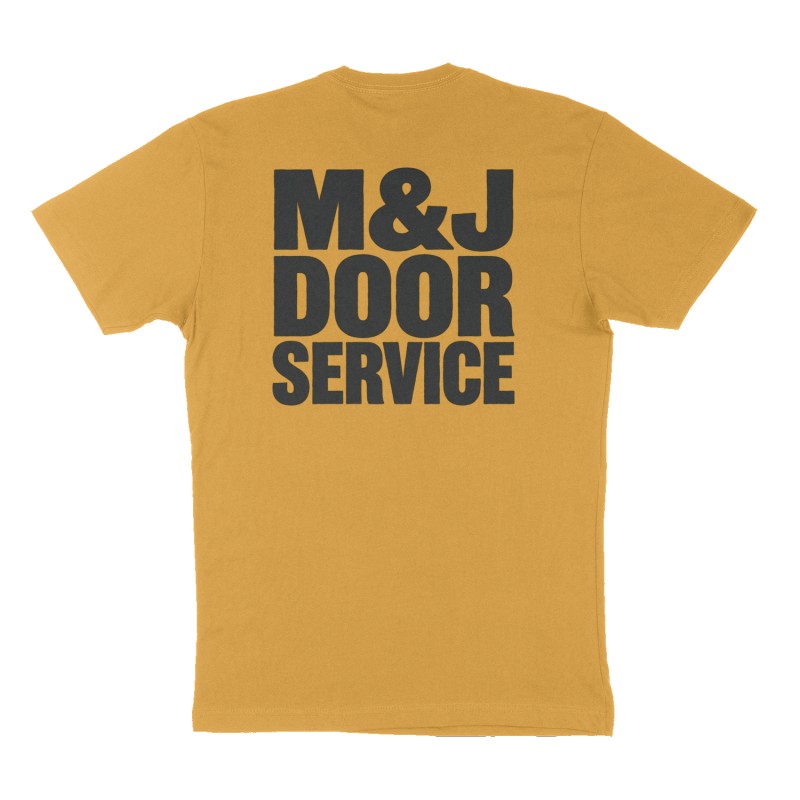 Custom t-shirt: "M & J Door Service ", Back print, mustard-yellow shirt