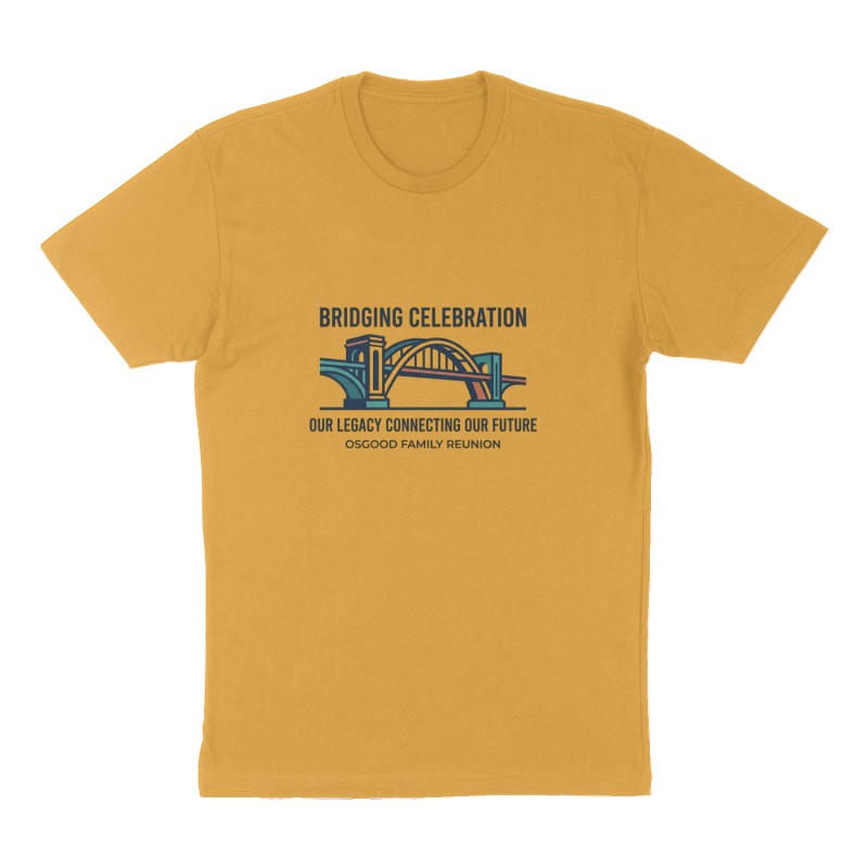 Custom t-shirt: "Bridging celebration our legacy connecting our future", Front print, mustard-yellow shirt