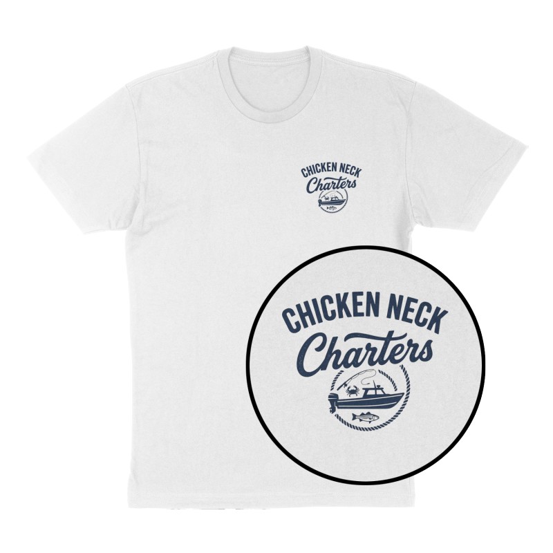 Custom t-shirt: "Chicken Neck Charters", Left Chest print, white shirt