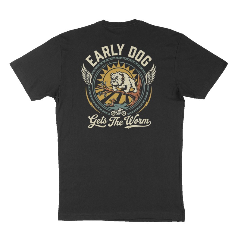 Custom t-shirt: "Early Dog Gets The Worm", Back print, black shirt