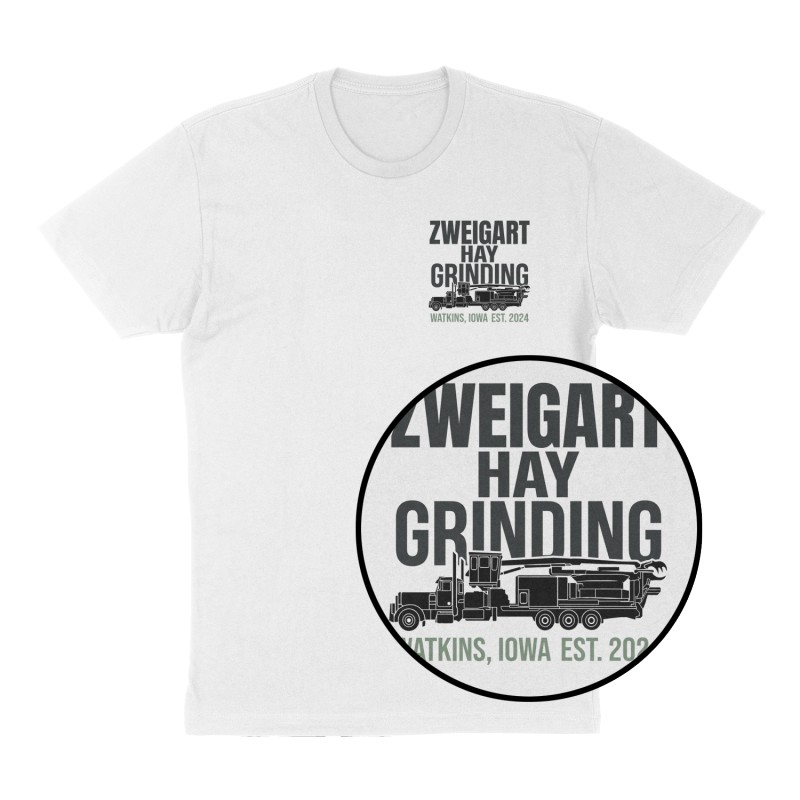 Custom t-shirt: "Zweigart Hay Grinding", Left Chest print, white shirt