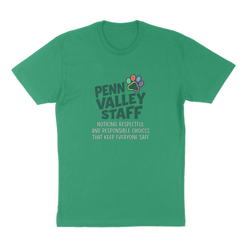 Custom t-shirt: "Penn Valley Staff", Front print, green shirt