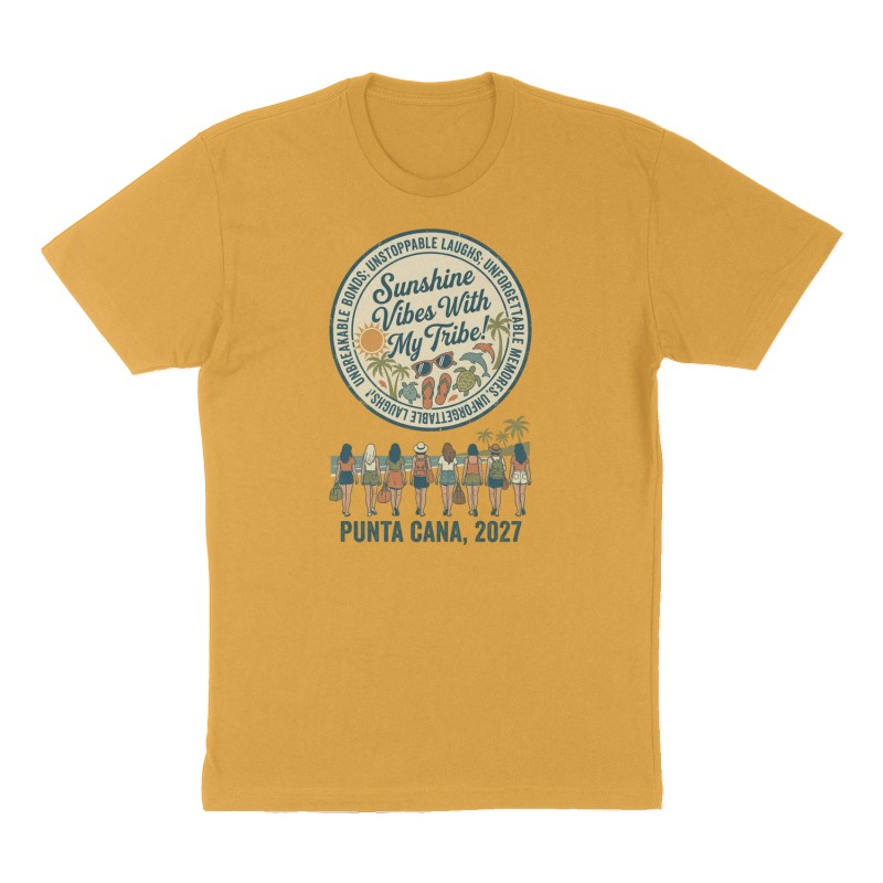 Custom t-shirt: "on the front of the t shirt in a circle it should say: Unbreakable Bonds; Unstoppable Laughs; Unforgettable Memories. Inside the circle, on the front of the shirt it would say ; Sunshine Vibes with my Tribe! Pictures of Palm trees, Sun, sunglasses, flip flops, turtles and dolphins", Front print, mustard-yellow shirt