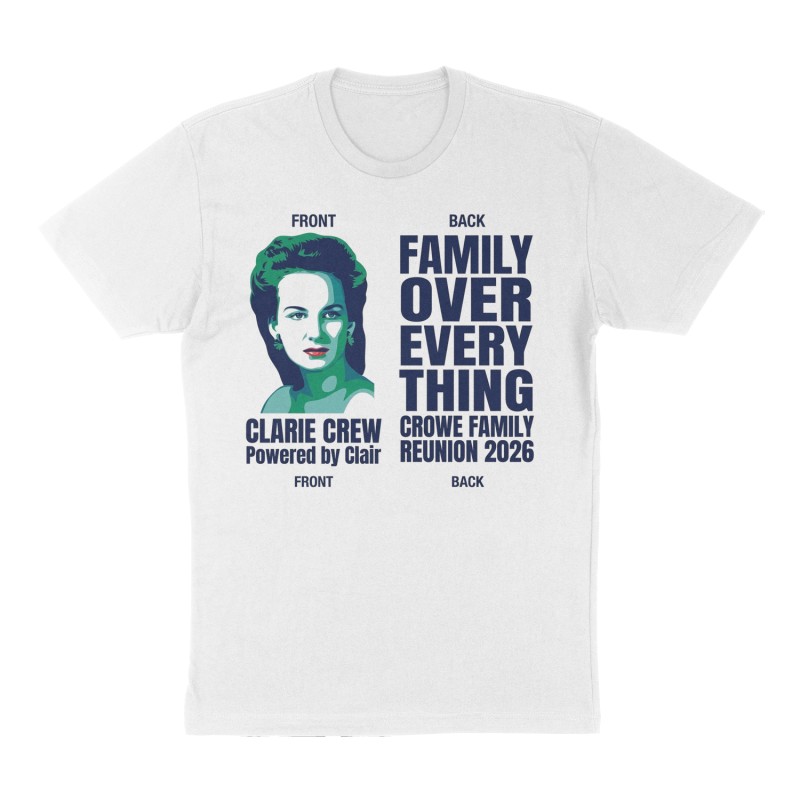 Custom t-shirt: "CLARIE CREW", Front print, white shirt