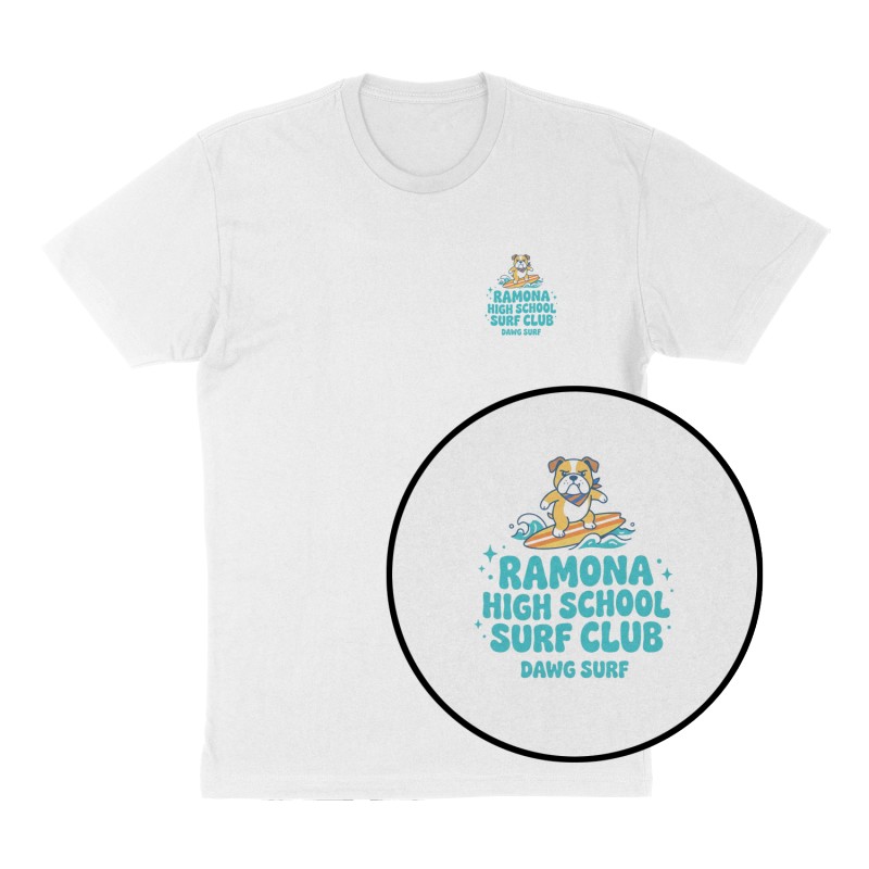 Custom t-shirt: "Ramona High School Surf Club", Left Chest print, white shirt