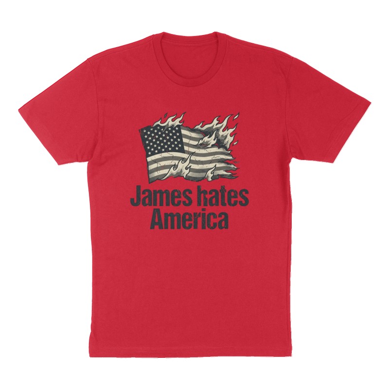 Custom t-shirt: "James hates America ", Front print, red shirt