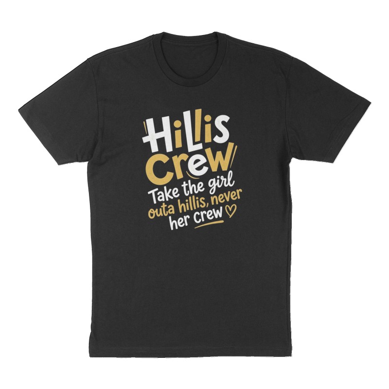 Custom t-shirt: "Hillis Crew", Front print, black shirt
