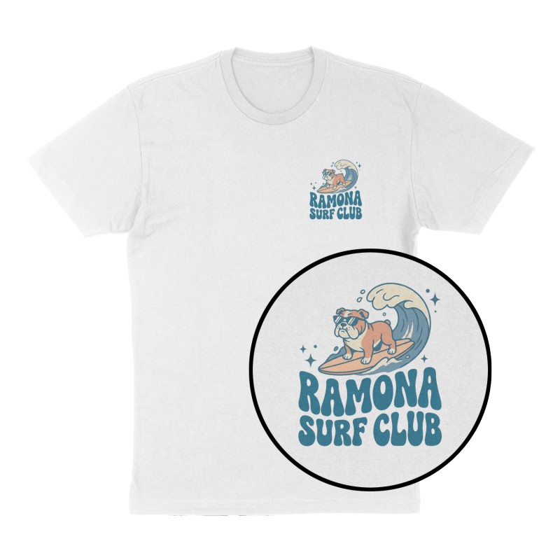 Custom t-shirt: "Ramona Surf Club", Left Chest & Back print, white shirt