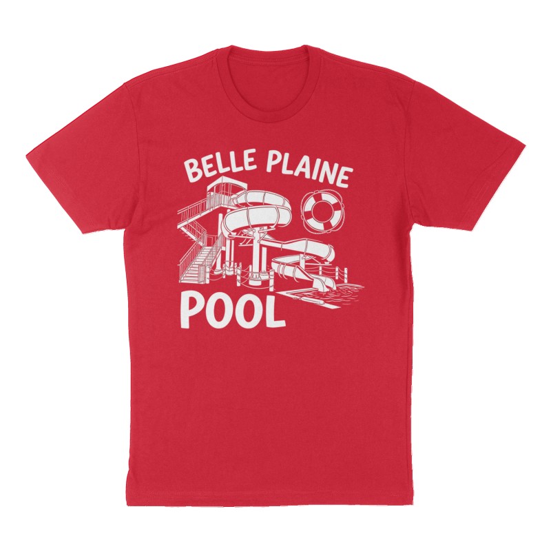 Custom t-shirt: "BELLE PLAINE POOL", Front print, red shirt