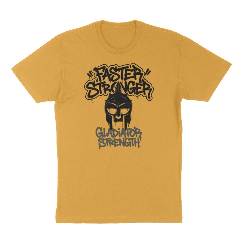 Custom t-shirt: "Faster Stronger", Front print, mustard-yellow shirt