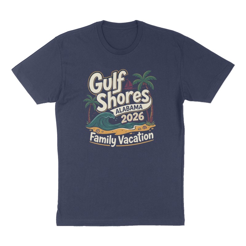 Custom t-shirt: "Gulf Shores Alabama 2026 ", Front print, navy shirt