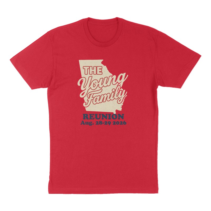 Custom t-shirt: "The Young Family Reunion Aug. 28-29 2026", Front print, red shirt