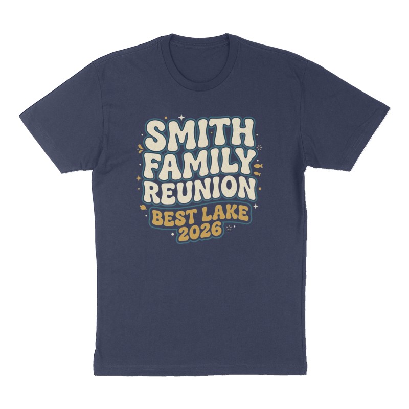 Custom t-shirt: "Smith family reunion", Front print, navy shirt