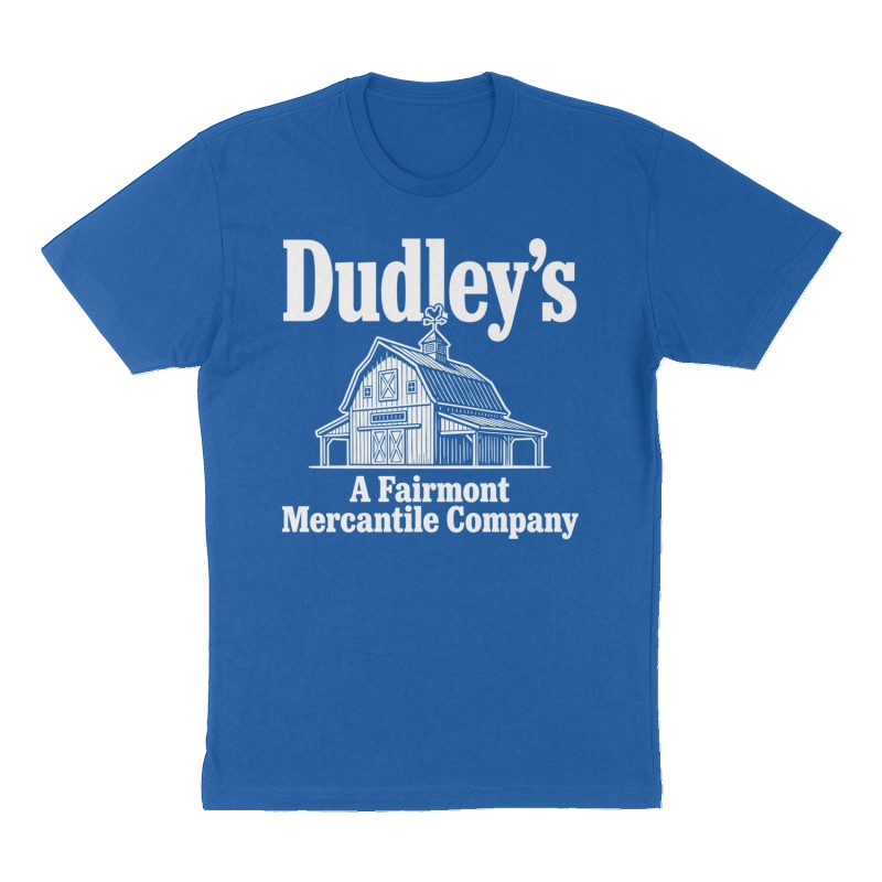 Custom t-shirt: "Dudley’s", Front print, royal-blue shirt