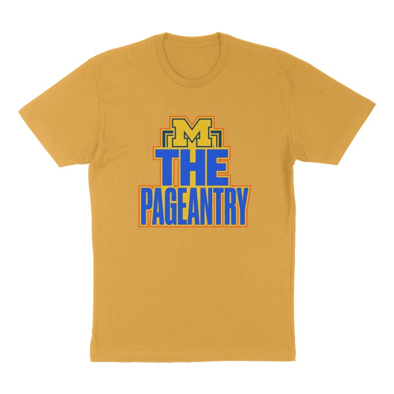 Custom t-shirt: "The Pageantry", Front print, mustard-yellow shirt