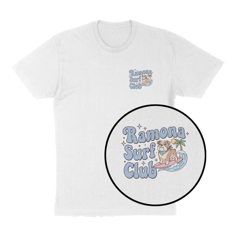Custom t-shirt: "Ramona Surf Club", Left Chest print, white shirt