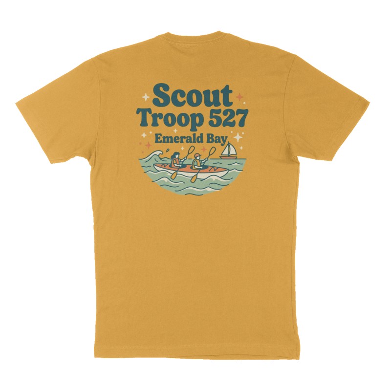 Custom t-shirt: "Scout Troop 527", Back print, mustard-yellow shirt