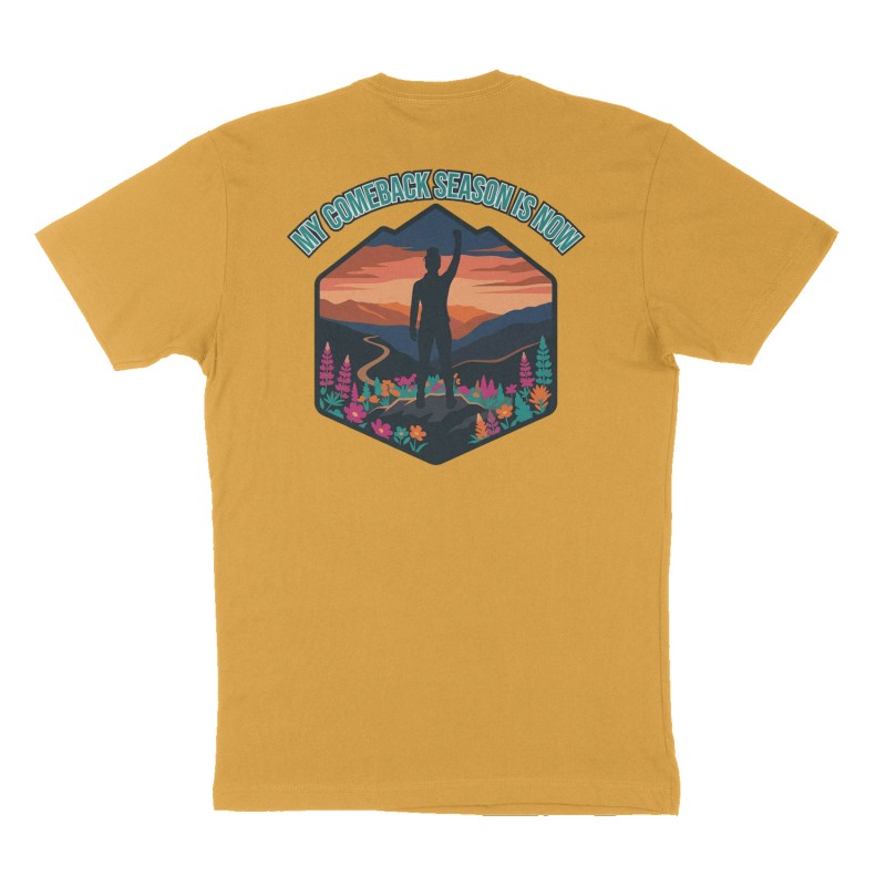 Custom t-shirt design, Back print, mustard-yellow shirt