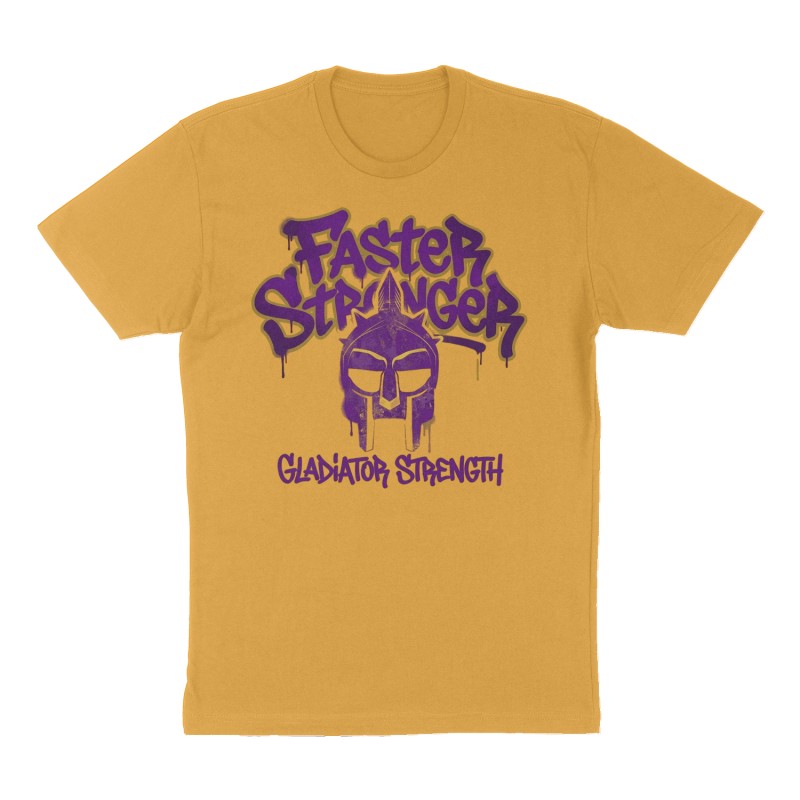 Custom t-shirt: "Faster Stronger", Front print, mustard-yellow shirt
