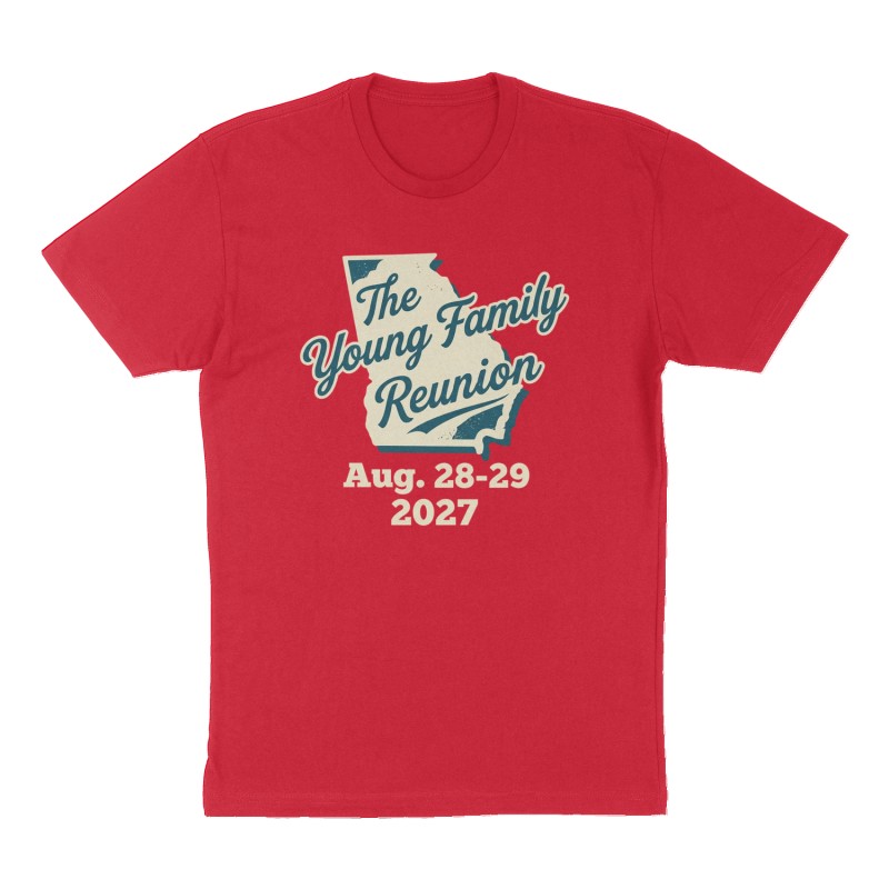 Custom t-shirt: "The Young Family Reunion Aug. 28-29 2027", Front print, red shirt