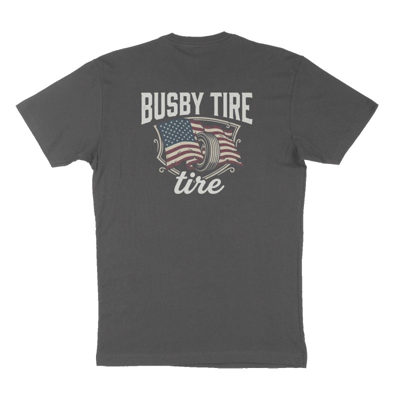 Custom t-shirt: "Busby tire ", Back print, charcoal shirt