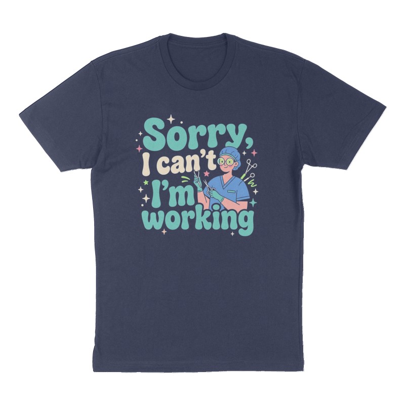 Custom t-shirt: "Sorry, I can’t ", Front print, navy shirt
