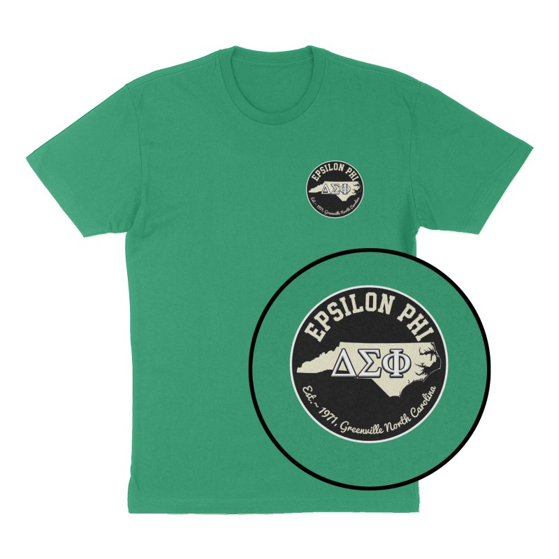Custom t-shirt: "Epsilon Phi", Left Chest print, green shirt