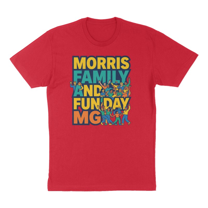 Custom t-shirt: "Morris Family and Fun Day", Front print, red shirt