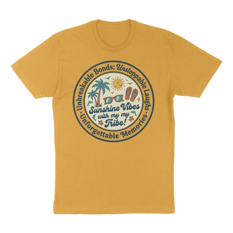 Custom t-shirt: "on the front of the t shirt in a circle it should say: Unbreakable Bonds; Unstoppable Laughs; Unforgettable Memories. Inside the circle,  on the front of the shirt it would say ; Sunshine Vibes with my Tribe!  Pictures of Palm trees, Sun, sunglasses, flip flops, turtles and dolphins", Front print, mustard-yellow shirt