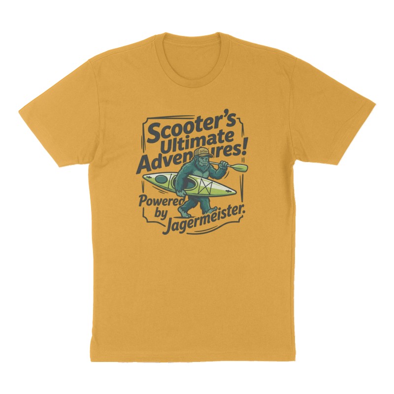 Custom t-shirt: "Scooter’s Ultimate Adventures! Powered by Jagermeister.", Front print, mustard-yellow shirt