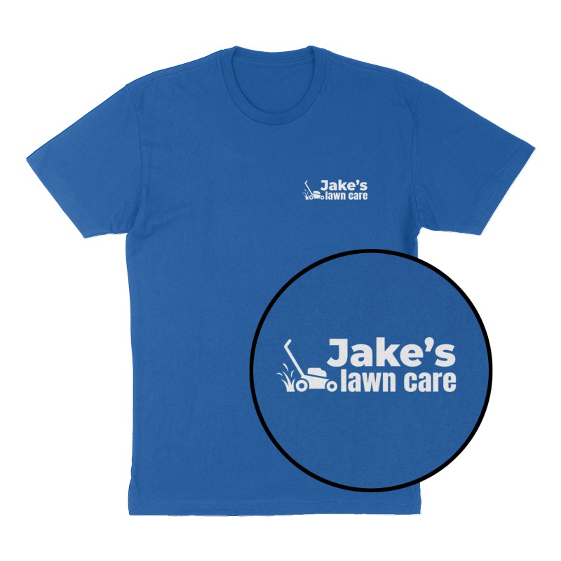 Attached design: "Jake’s lawn care", Left Chest print, royal-blue shirt