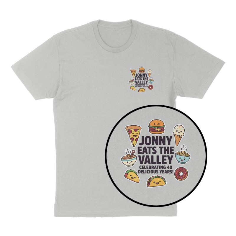 Custom t-shirt: "Jonny Eats the Valley", Left Chest print, heather-gray shirt