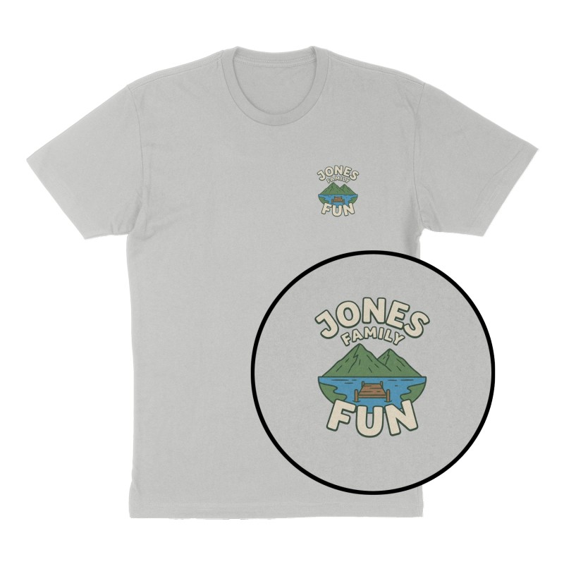 Custom t-shirt: "Jones Family Fun", Left Chest print, heather-gray shirt