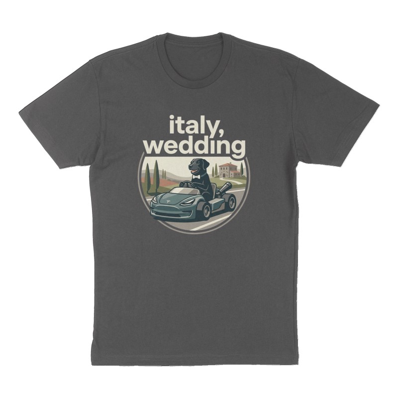 Custom t-shirt: "italy, wedding", Front print, charcoal shirt