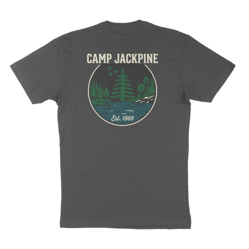 Custom t-shirt: "Camp Jackpine", Back print, charcoal shirt