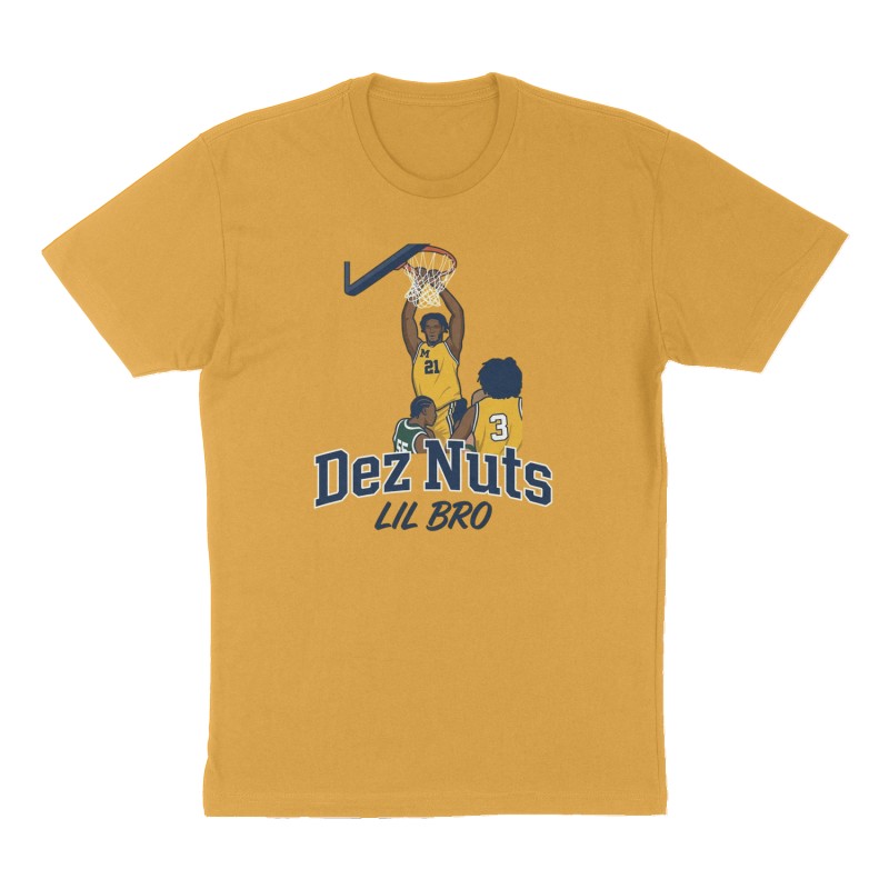 Custom t-shirt: "Dez Nuts", Front print, mustard-yellow shirt