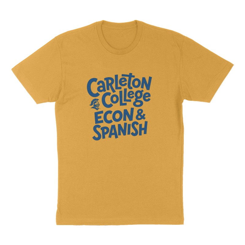 Custom t-shirt: "Carleton College", Front print, mustard-yellow shirt