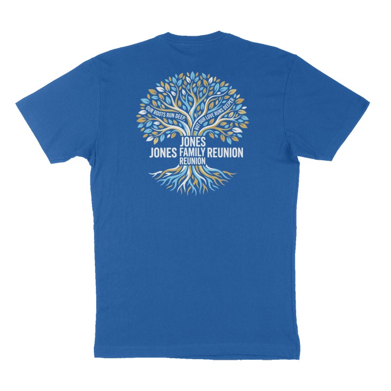 Custom t-shirt: "Jones Family reunion ", Back print, royal-blue shirt