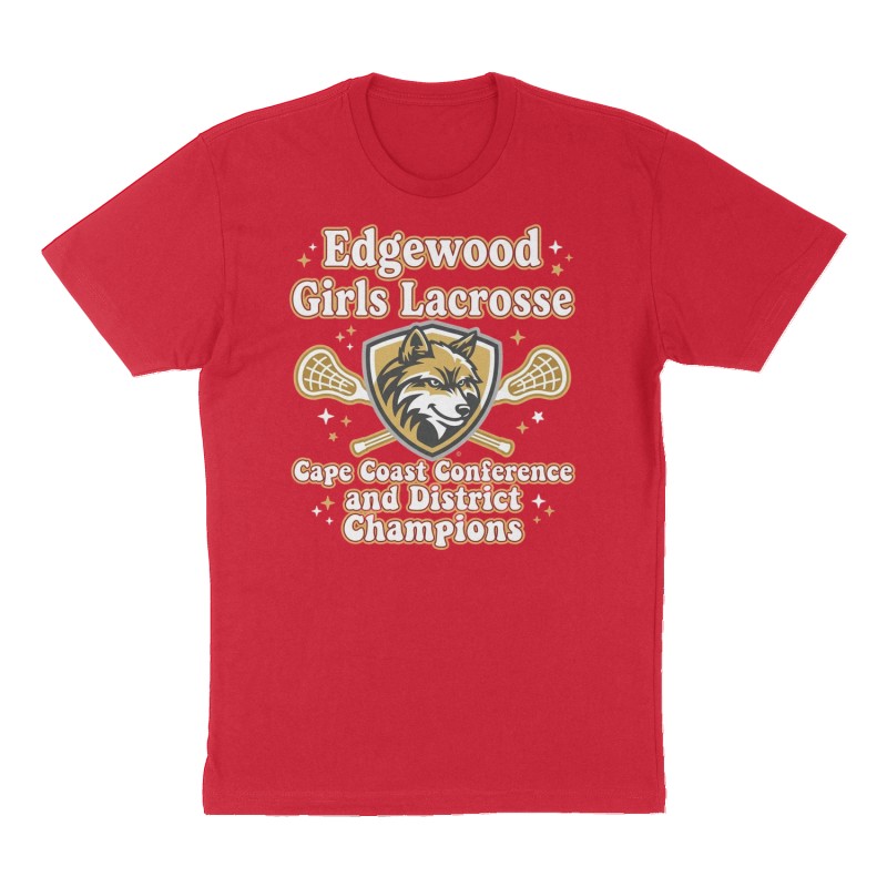 Custom t-shirt: "Edgewood Girls Lacrosse Cape Coast Conference and District  Champions", Front print, red shirt