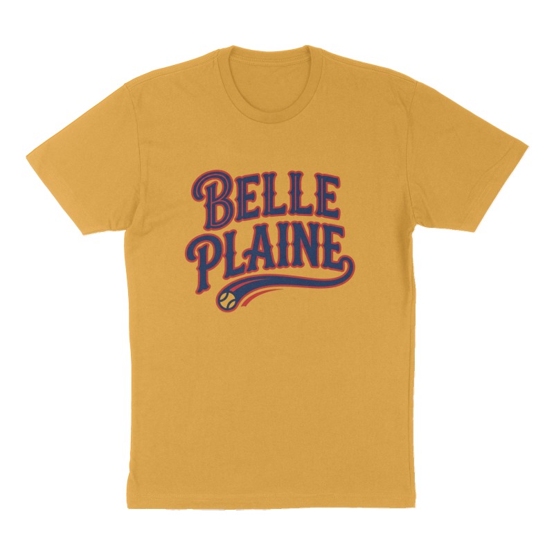 Custom t-shirt: "Belle Plaine", Front print, mustard-yellow shirt