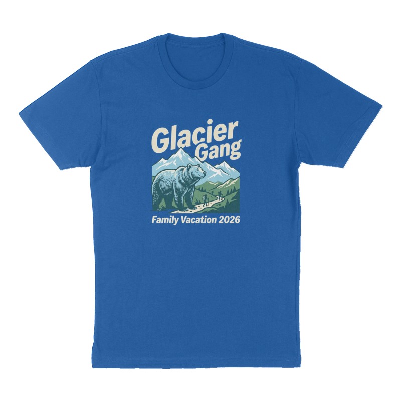 Custom t-shirt: "Glacier Gang", Front print, royal-blue shirt