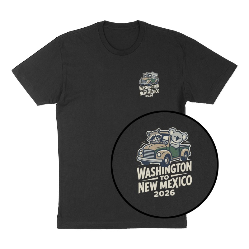 Custom t-shirt: "Washington to New Mexico 2026", Left Chest print, black shirt