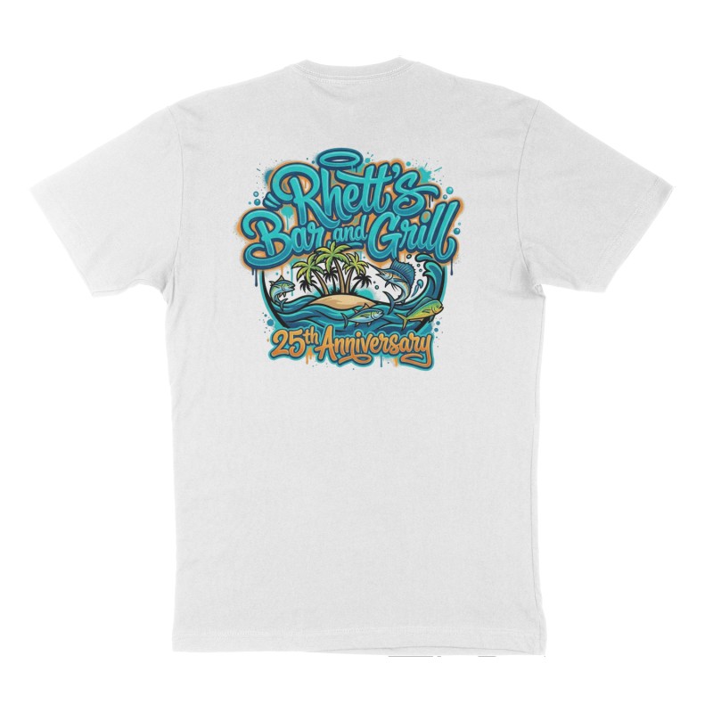 Custom t-shirt: "Rhett’s Bar and Grill", Back print, white shirt