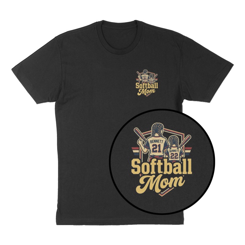 Custom t-shirt: "Softball Mom", Left Chest & Back print, black shirt