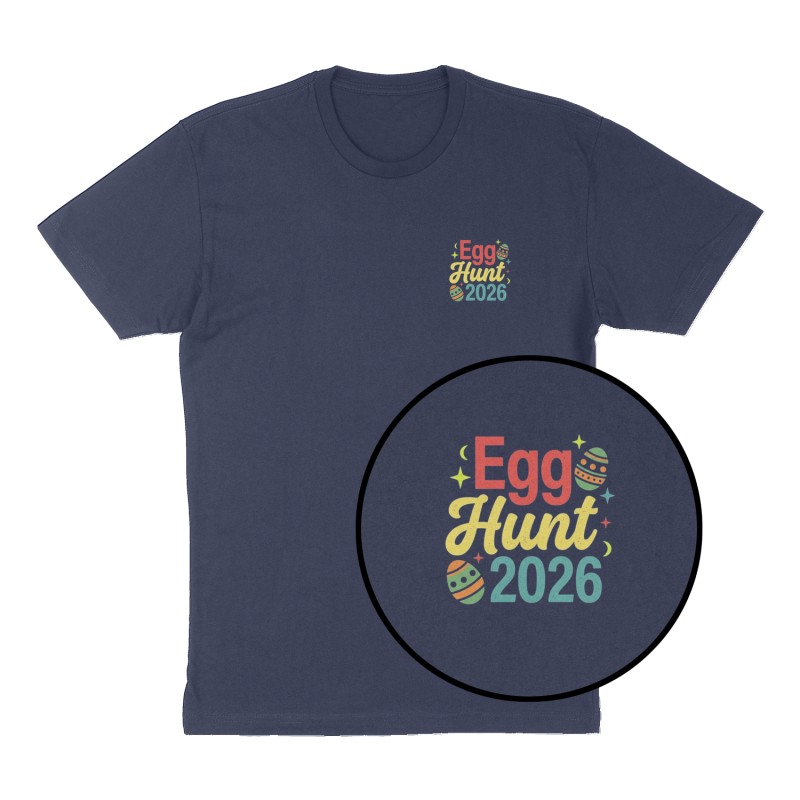 Custom t-shirt: "Egg hunt 2026", Left Chest print, navy shirt