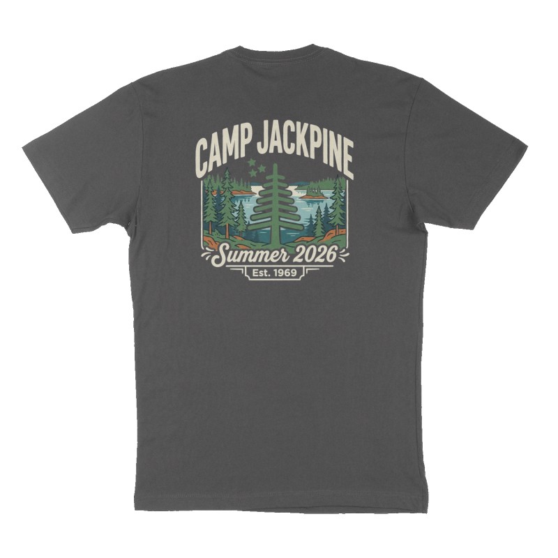 Custom t-shirt: "Camp Jackpine", Back print, charcoal shirt
