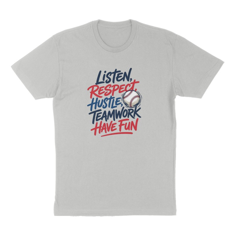 Custom t-shirt: "Listen, Respect, Hustle, Teamwork, Have Fun", Front print, heather-gray shirt